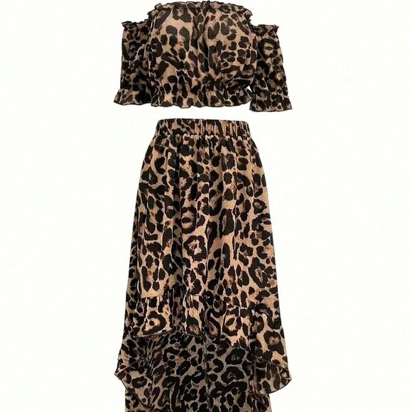 Multicolor Casual Women's Leopard Print Off Shoulder Cropped Shirt With Ruffled - Picture 3 of 5